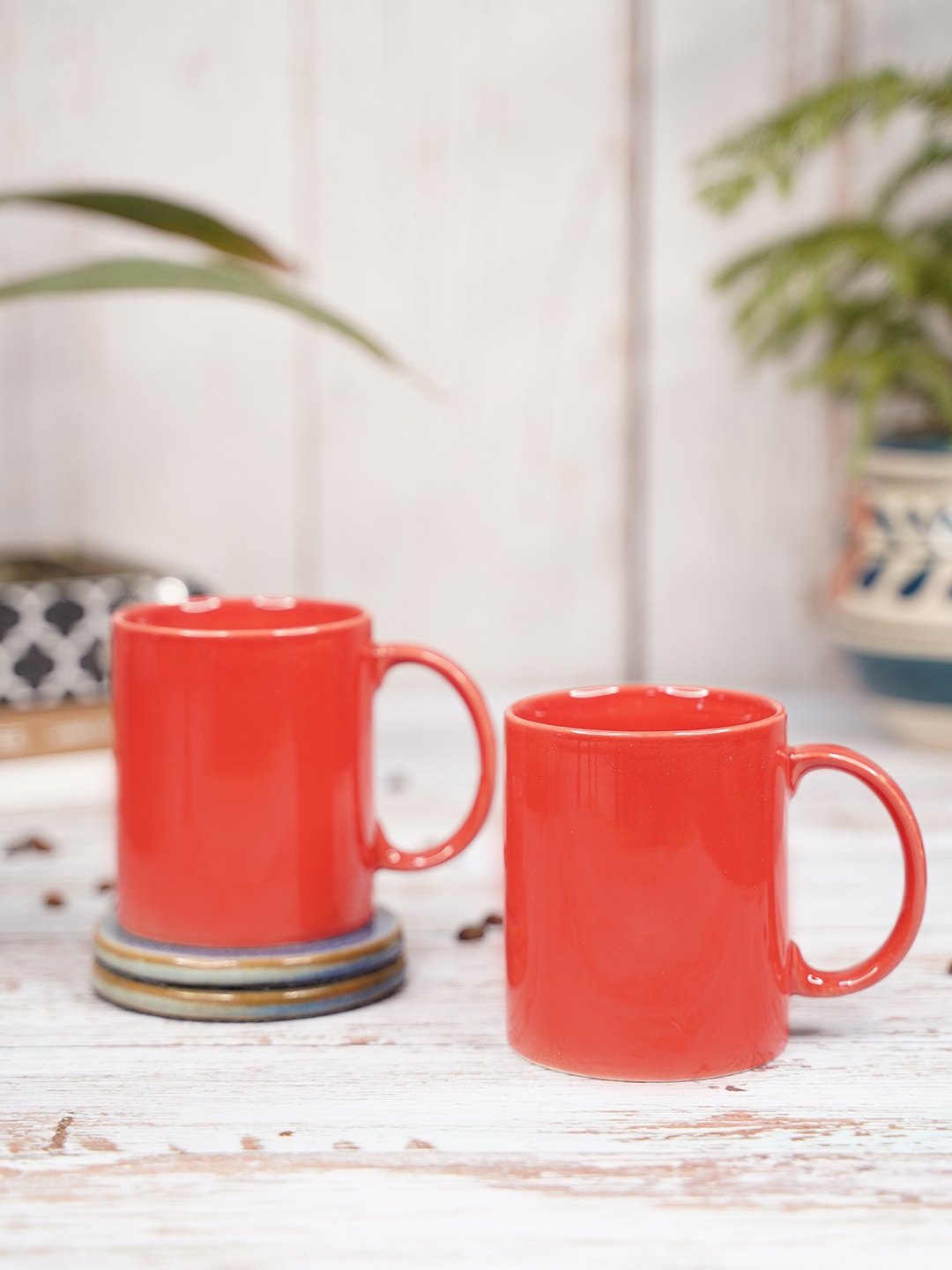 LIVING ROOTS Red 2 Pieces Ceramic Glossy Coffee Mugs 350 ml Each