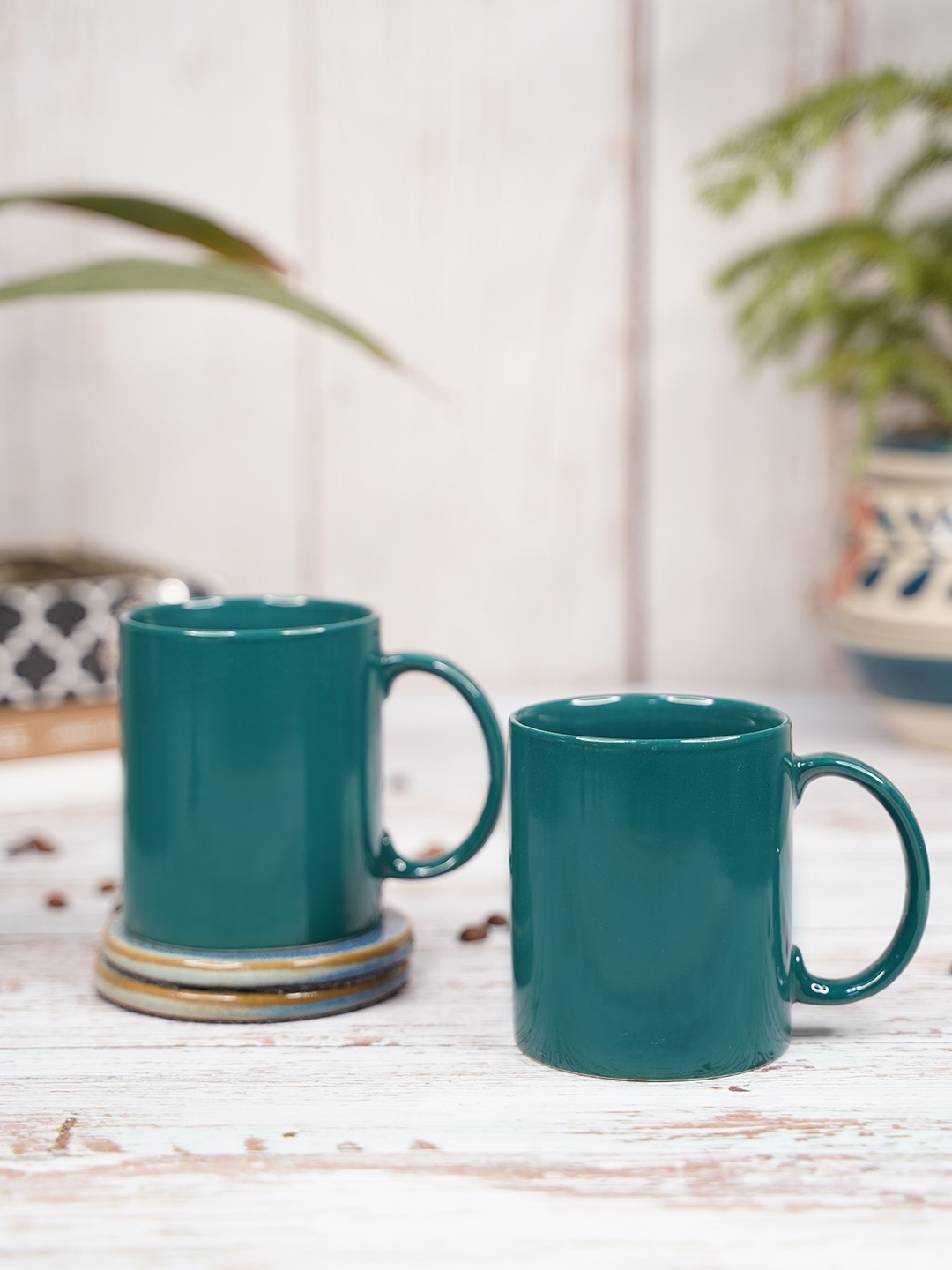 

LIVING ROOTS Green 2 Pieces Ceramic Glossy Mugs-350ml each