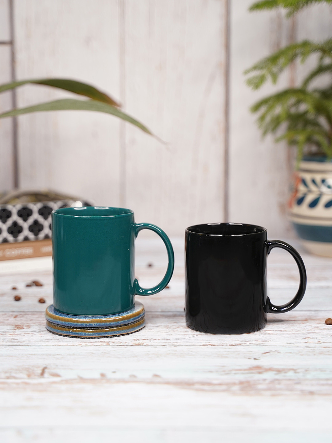 

LIVING ROOTS Black & Teal 2 Pieces Ceramic Glossy Coffee Mugs 350 ml Each