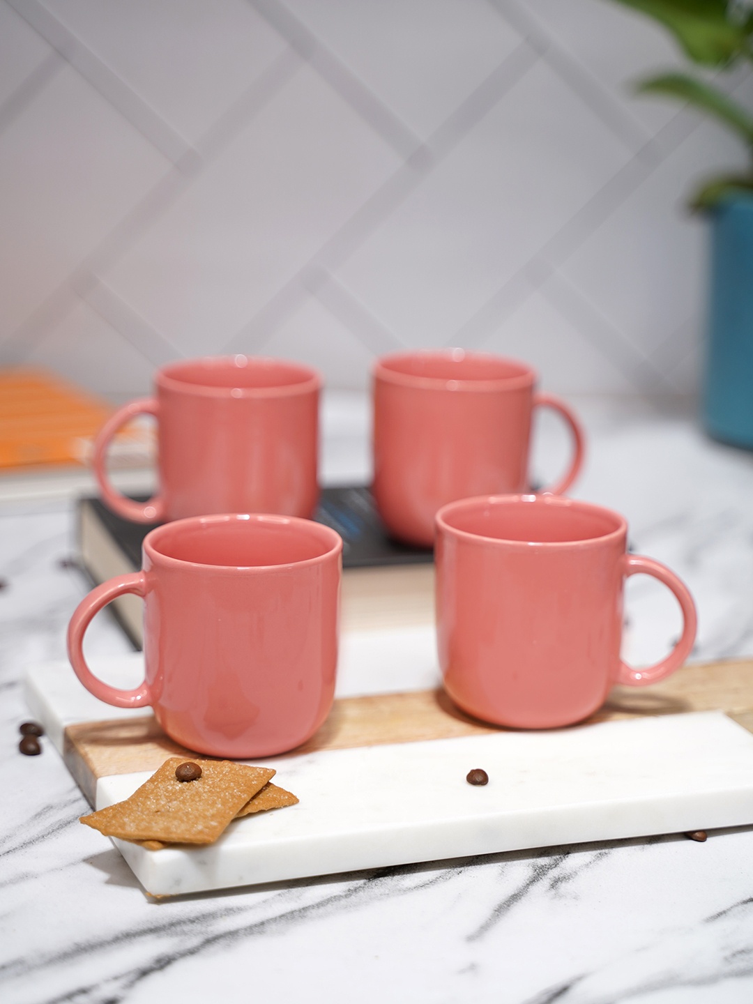 

LIVING ROOTS Peach-Coloured 4 Pieces Ceramic Glossy Cups-200ml