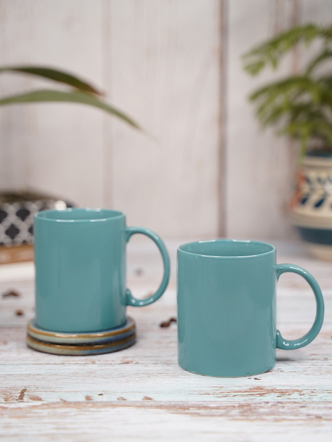 

LIVING ROOTS Teal 2 Pieces Ceramic Glossy Coffee Mugs 350 ml Each
