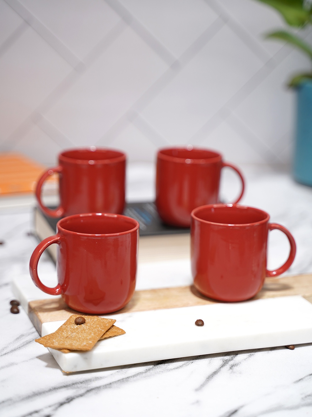 

LIVING ROOTS Red 4 Pieces Ceramic Glossy Coffee Cups 200 ml Each