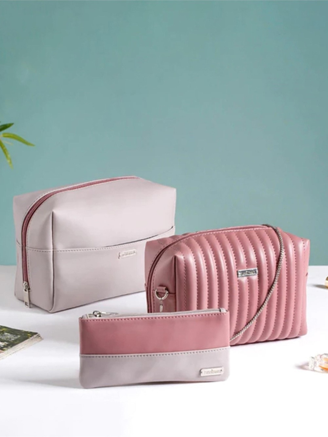 

Nestasia Set of 6 Textured Vegan Leather Cosmetic Pouches, Pink