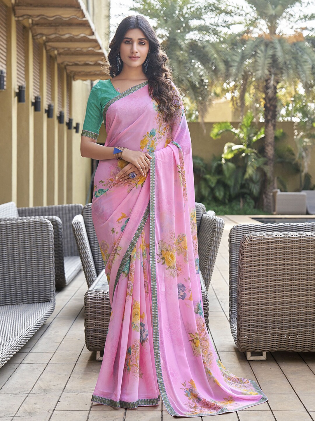 

Satrani Pink & Yellow Floral Printed Poly Georgette Saree