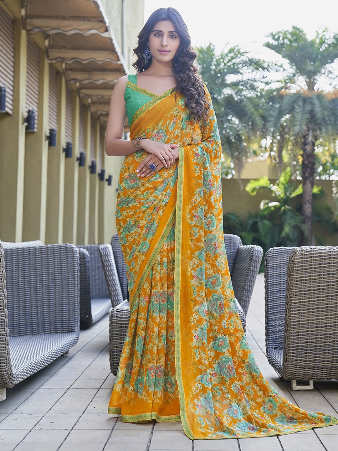 

Satrani Mustard Yellow & Green Floral Printed Festive Saree