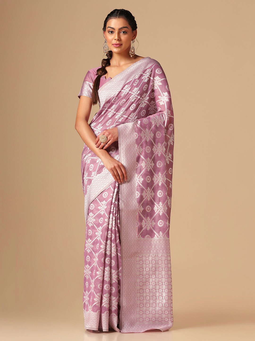 

SIRIL Geometric Woven Design Zari Saree, Purple