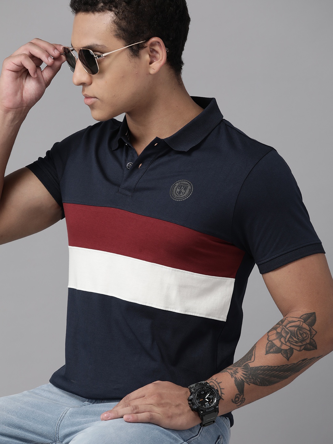 

Roadster Men Colourblocked Polo Collar Pure Cotton T-shirt, Navy blue