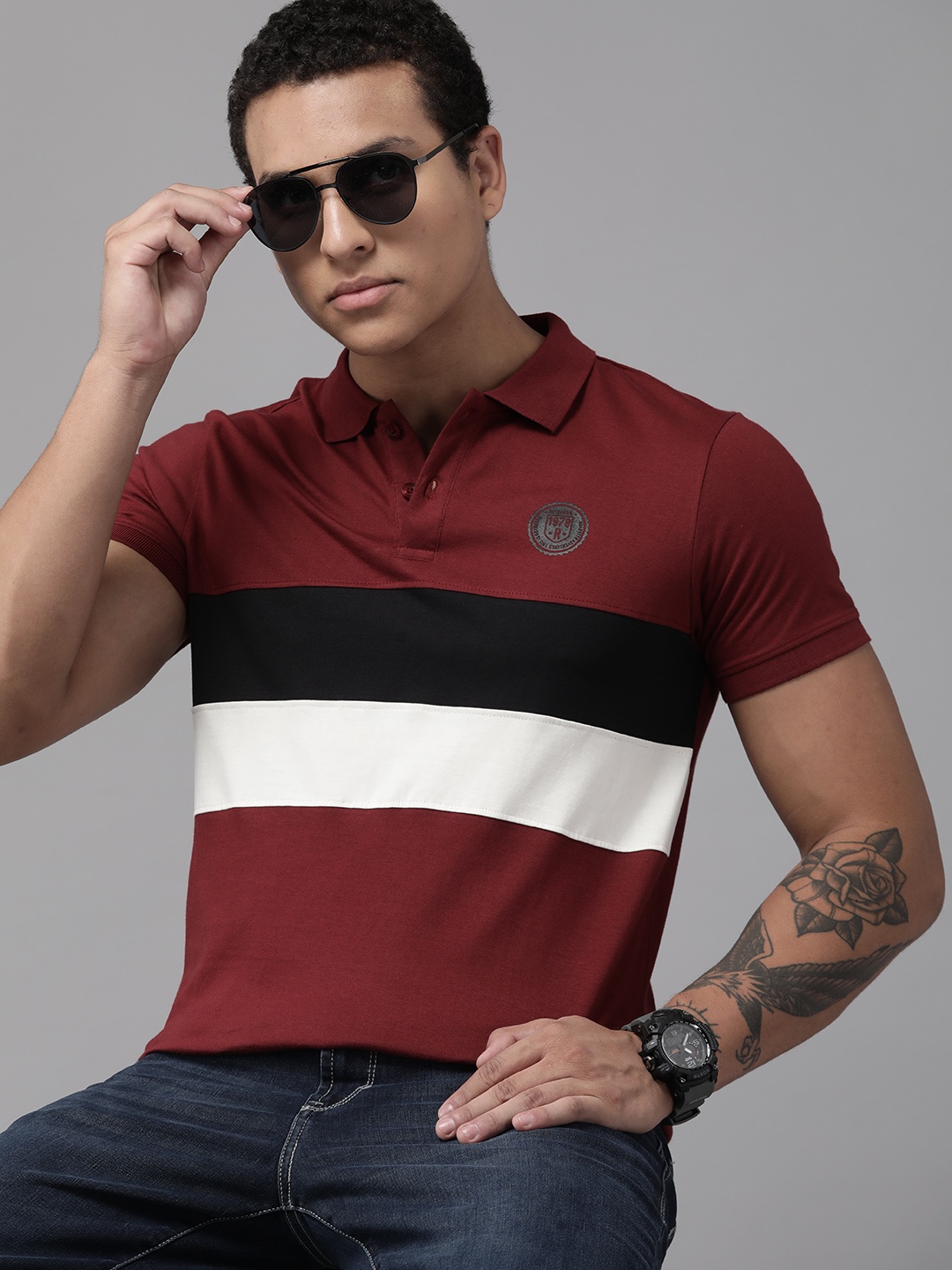 

Roadster Men Colourblocked Polo Collar Pure Cotton T-shirt, Maroon