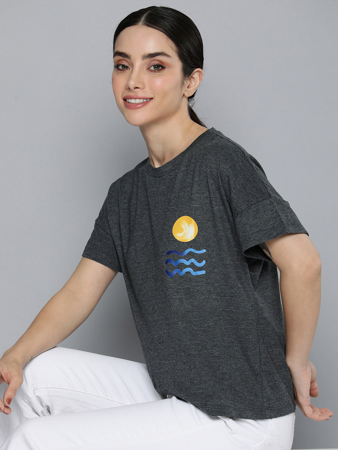 

Mast & Harbour Graphic Printed Drop-Shoulder Sleeves Casual T-shirt, Grey