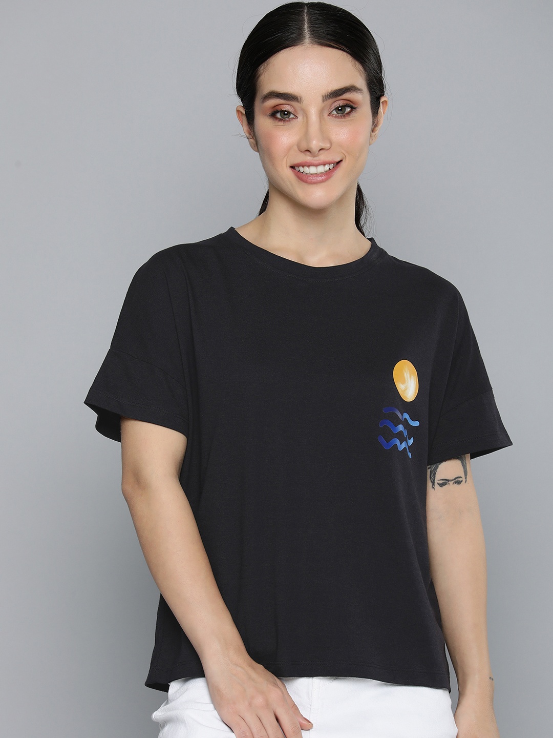 

Mast & Harbour Pure Cotton Graphic Printed Drop-Shoulder Sleeves Casual T-shirt, Black