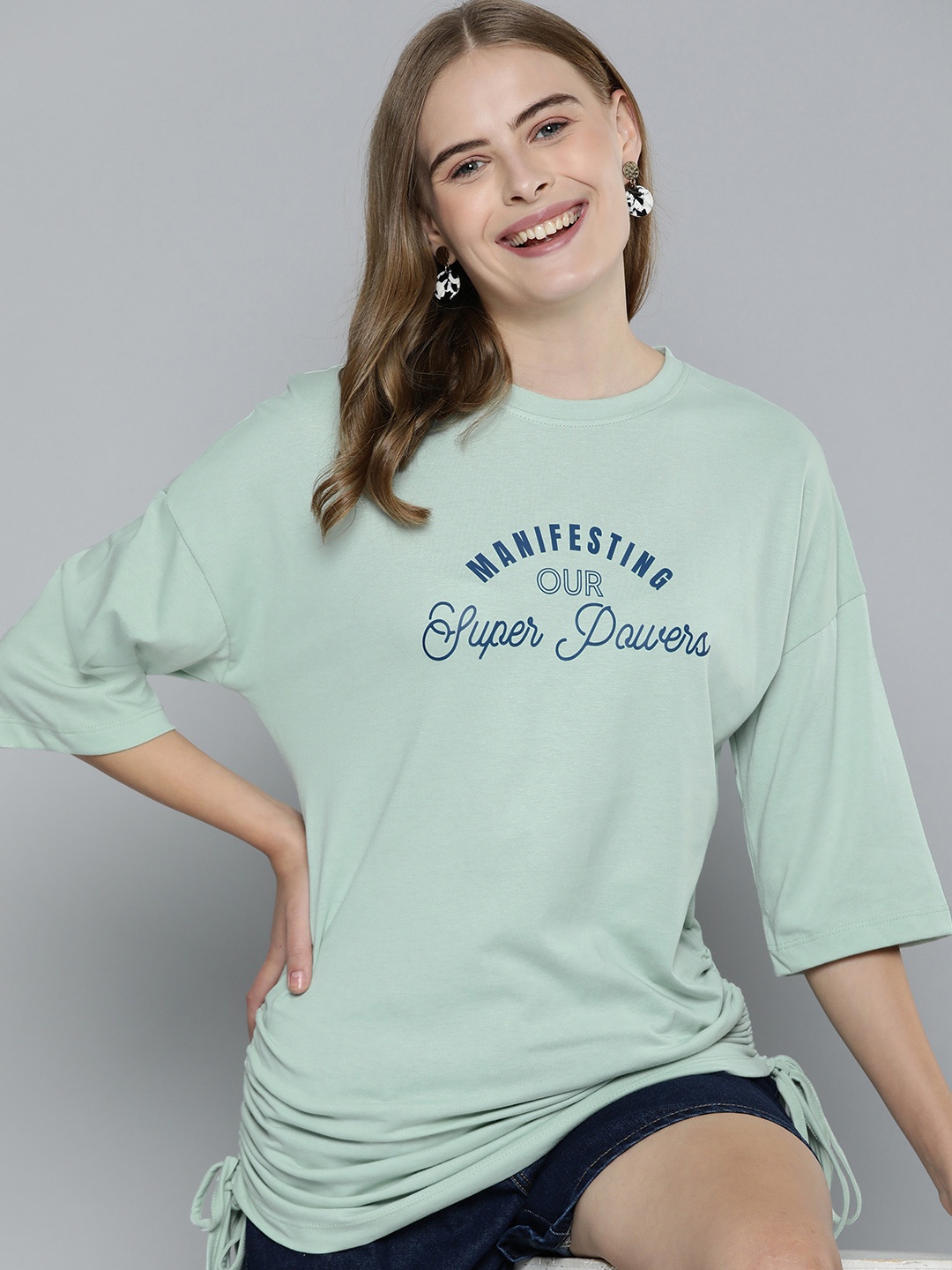 

Mast & Harbour Typography Printed Drop-Shoulder Sleeves Pure Cotton T-shirt, Green