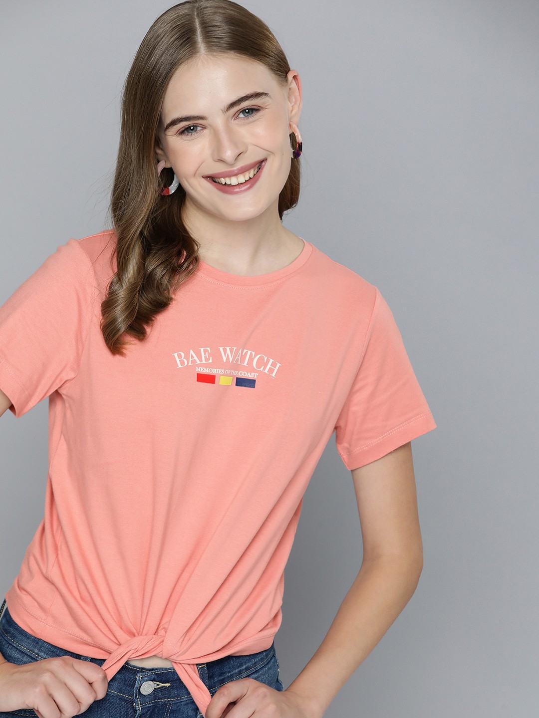 

Mast & Harbour Pure Cotton Minimal Printed Casual T-shirt, Peach