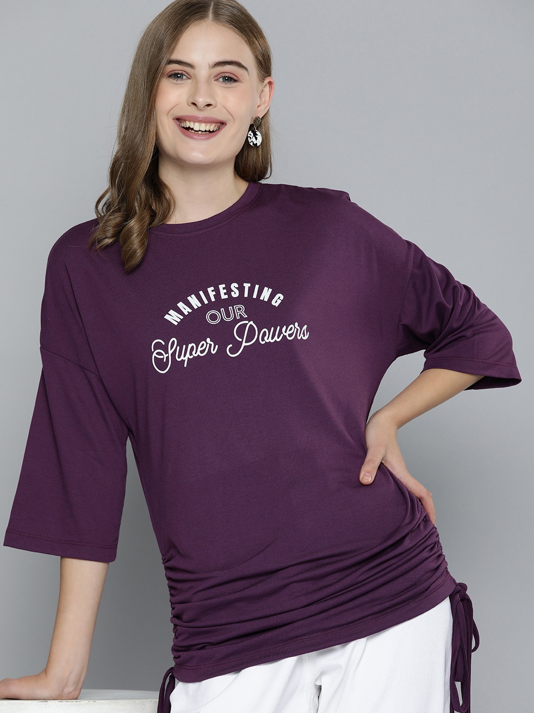 

Mast & Harbour Typography Printed Drop-Shoulder Sleeves T-shirt, Purple