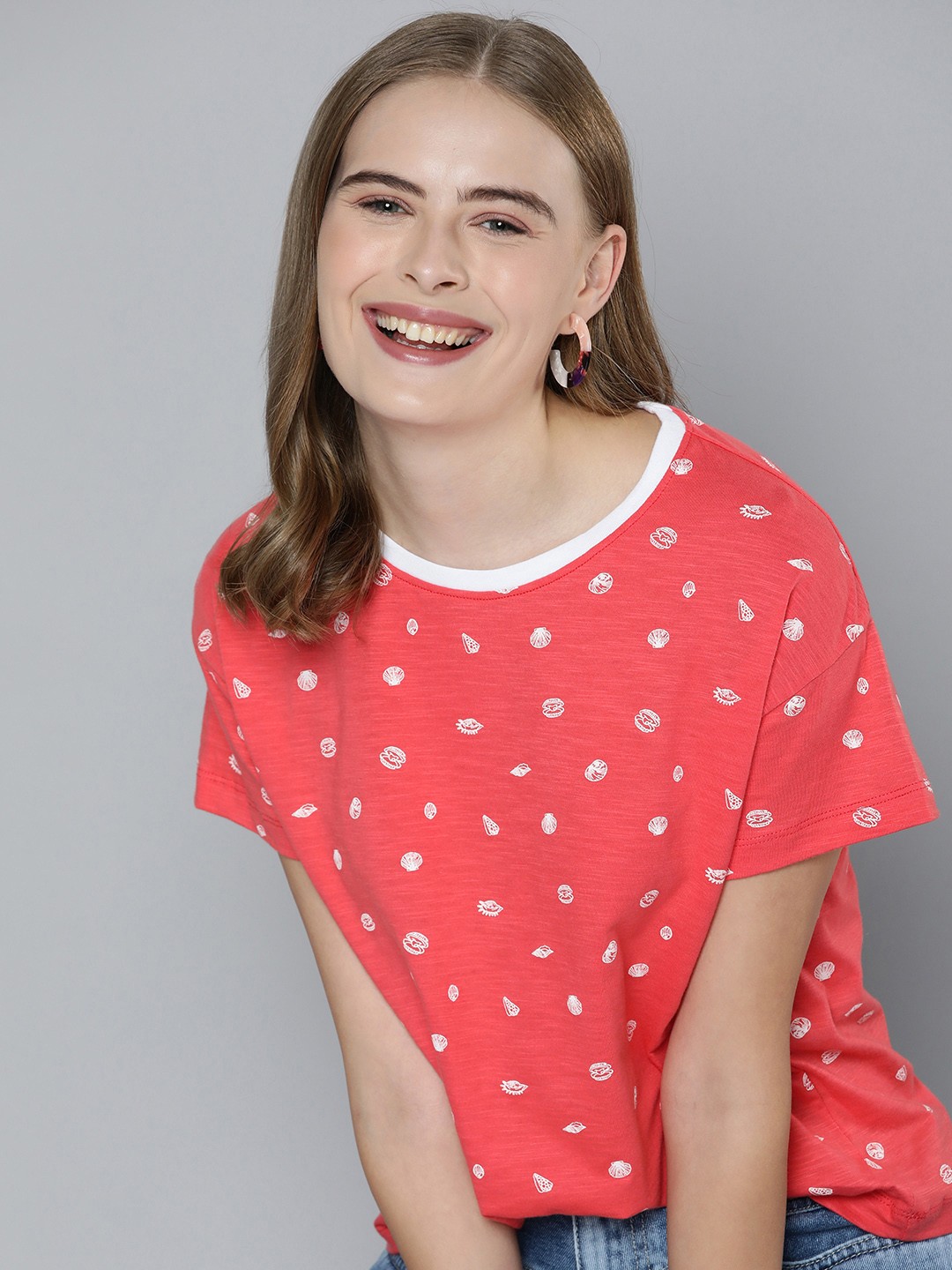 

Mast & Harbour Pure Cotton Conversational Printed Casual T-shirt, Coral