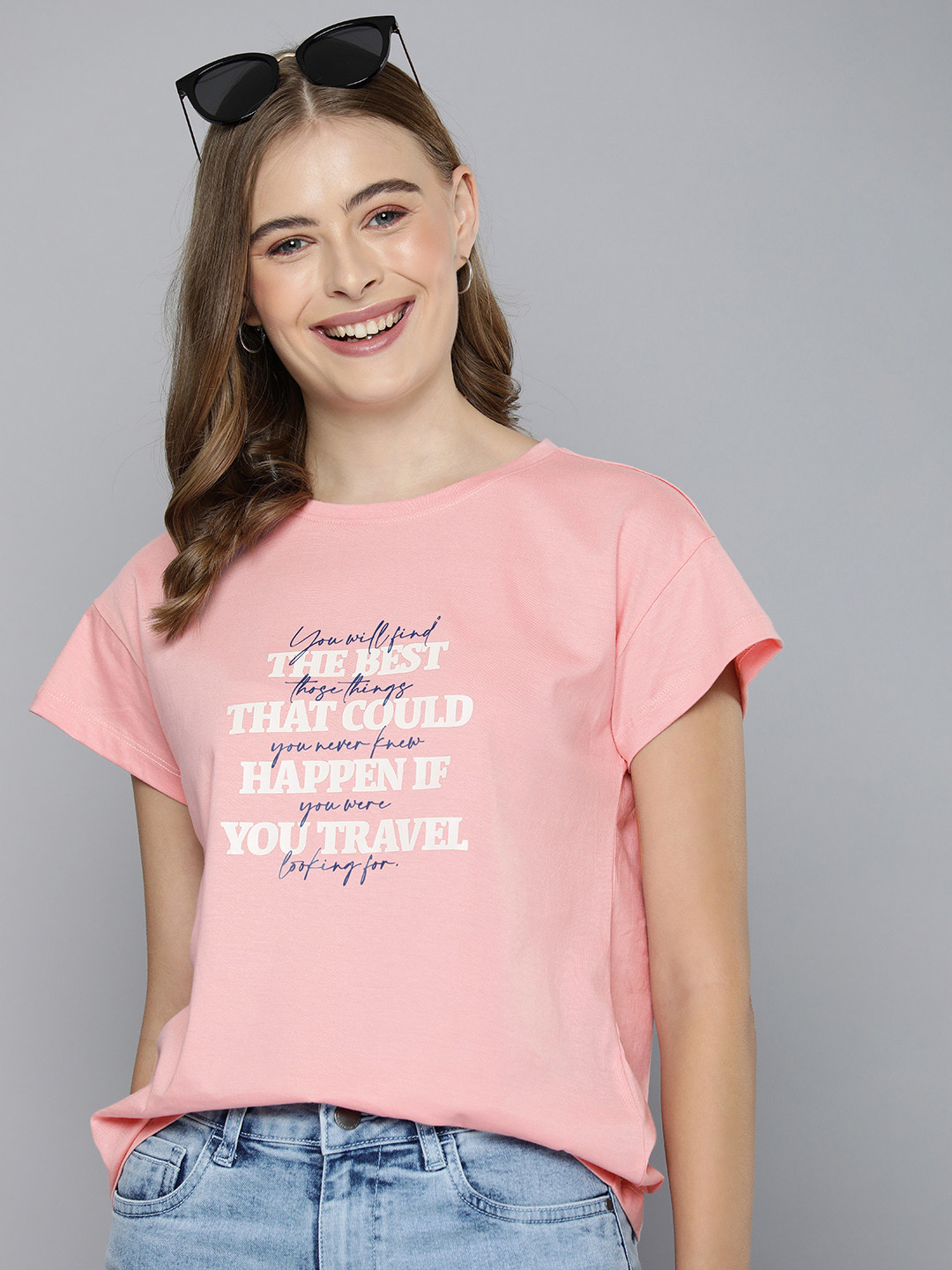 

Mast & Harbour Typography Printed Drop-Shoulder Sleeves Pure Cotton T-shirt, Pink
