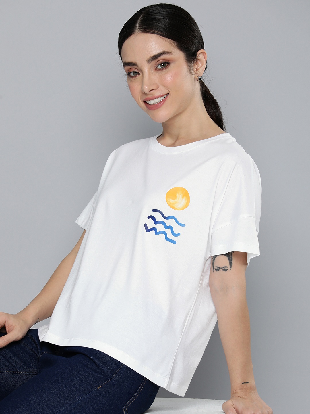 

Mast & Harbour Graphic Printed Drop-Shoulder Sleeves Casual T-shirt, White