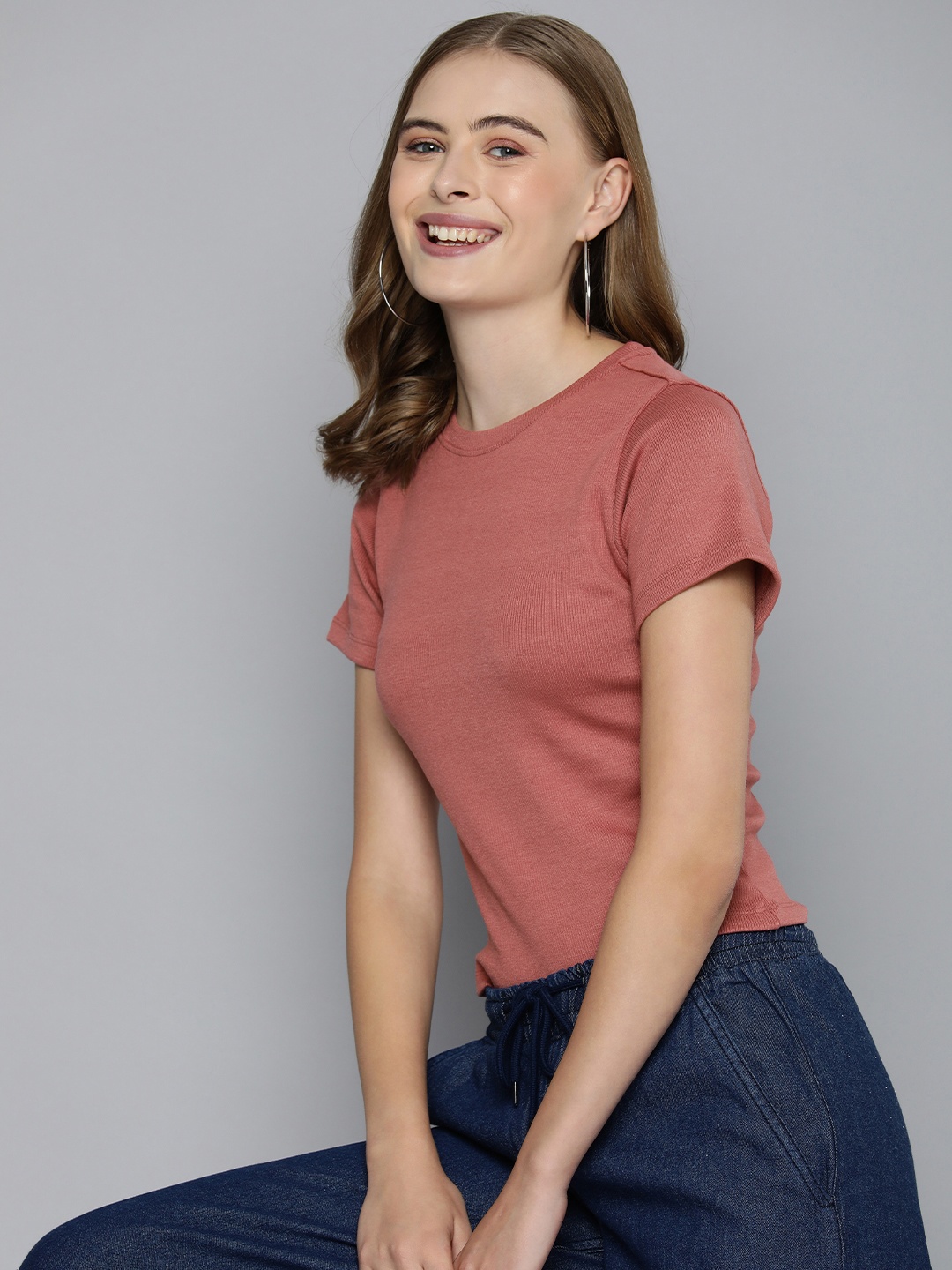 

Mast & Harbour Round Neck Ribbed T-shirt, Pink