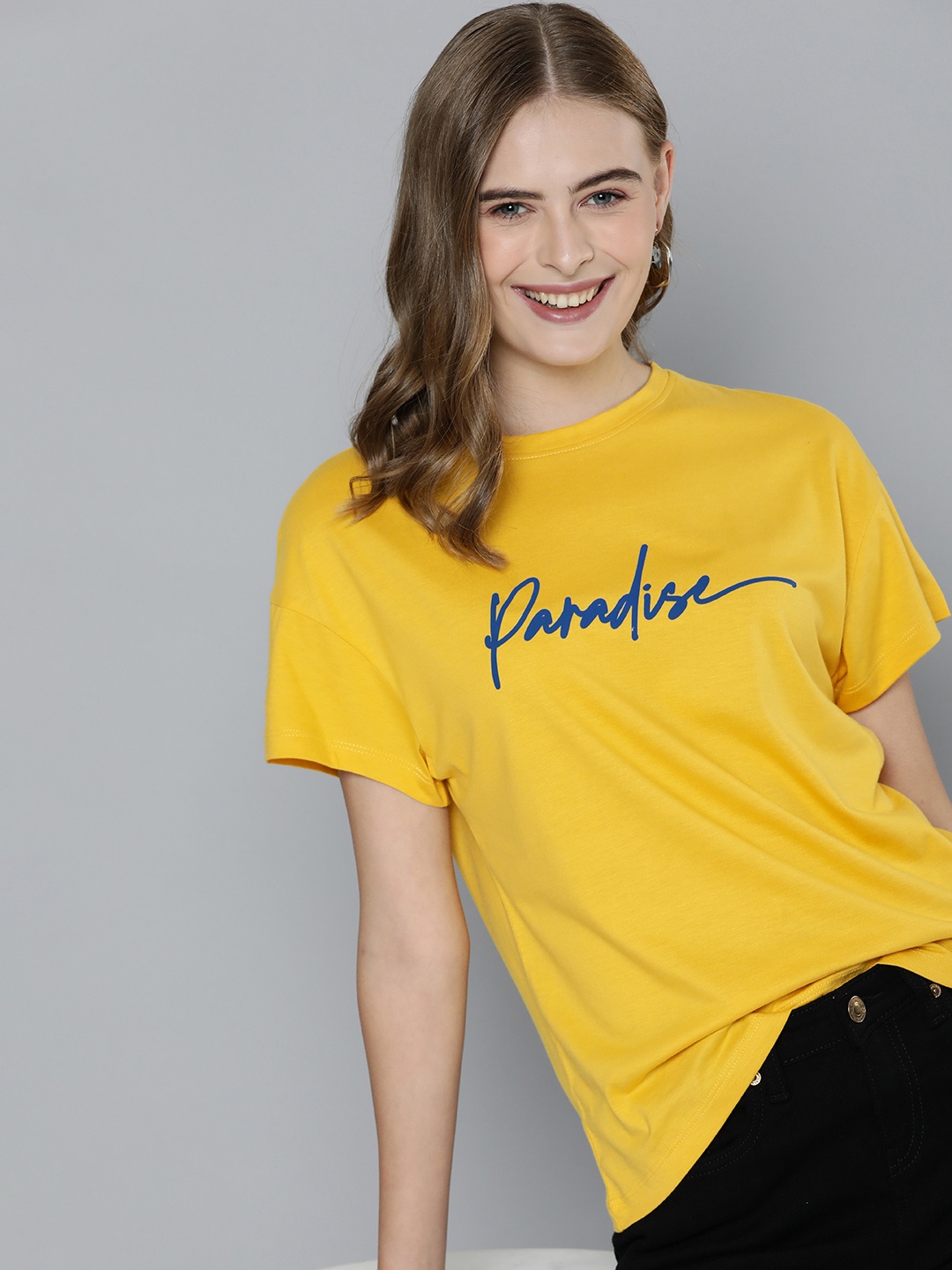 

Mast & Harbour Typography Printed Drop-Shoulder Sleeves T-shirt, Yellow