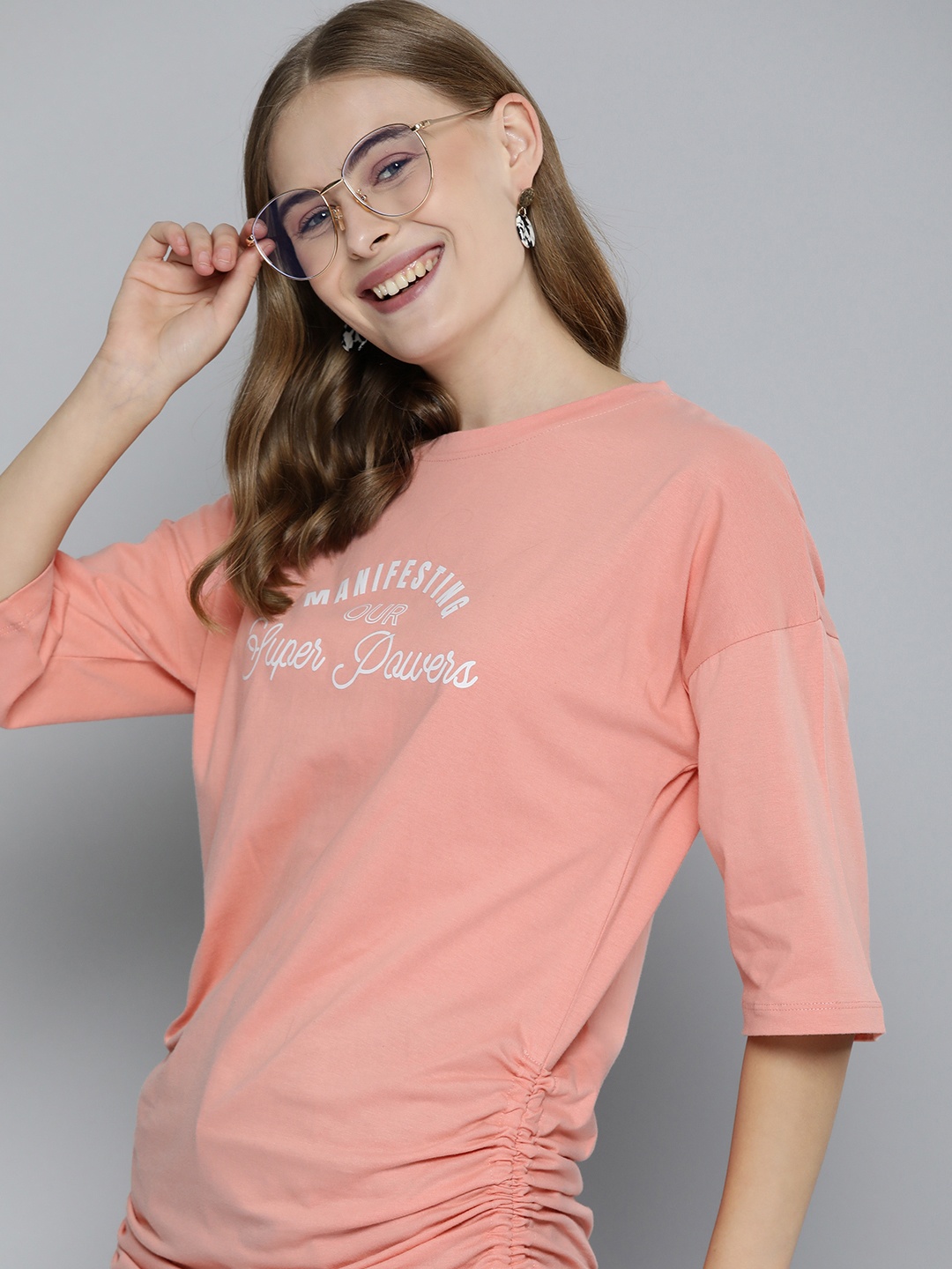 

Mast & Harbour Typography Printed Drop-Shoulder Sleeves T-shirt, Pink