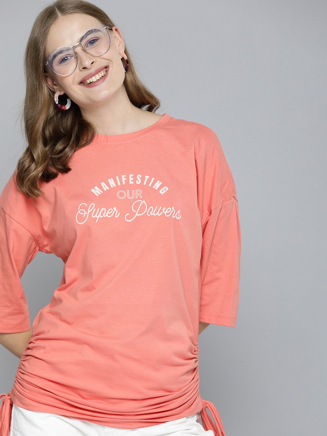 

Mast & Harbour Typography Printed Drop-Shoulder Sleeves Casual T-shirt, Coral