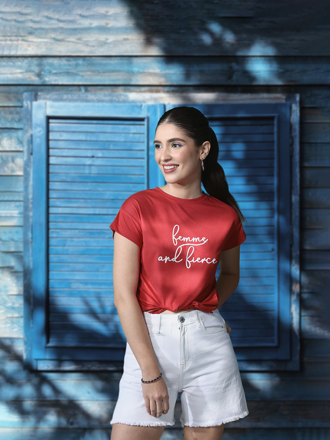 

Mast & Harbour Typography Printed Drop-Shoulder Sleeves Casual T-shirt, Red