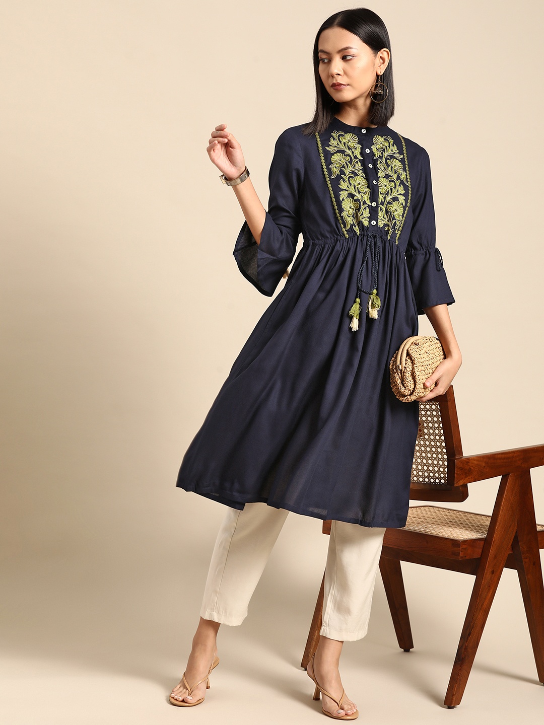 

all about you Embroidered Bell Sleeves A-Line Kurta, Navy blue