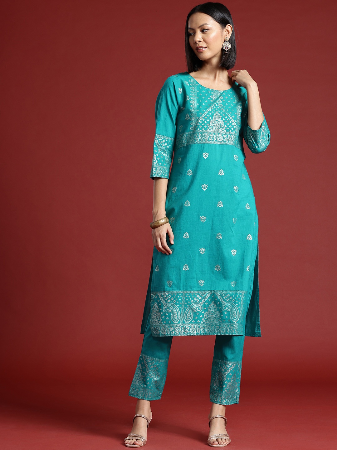 

all about you Ethnic Motifs Print Pure Cotton Kurta with Trousers, Green