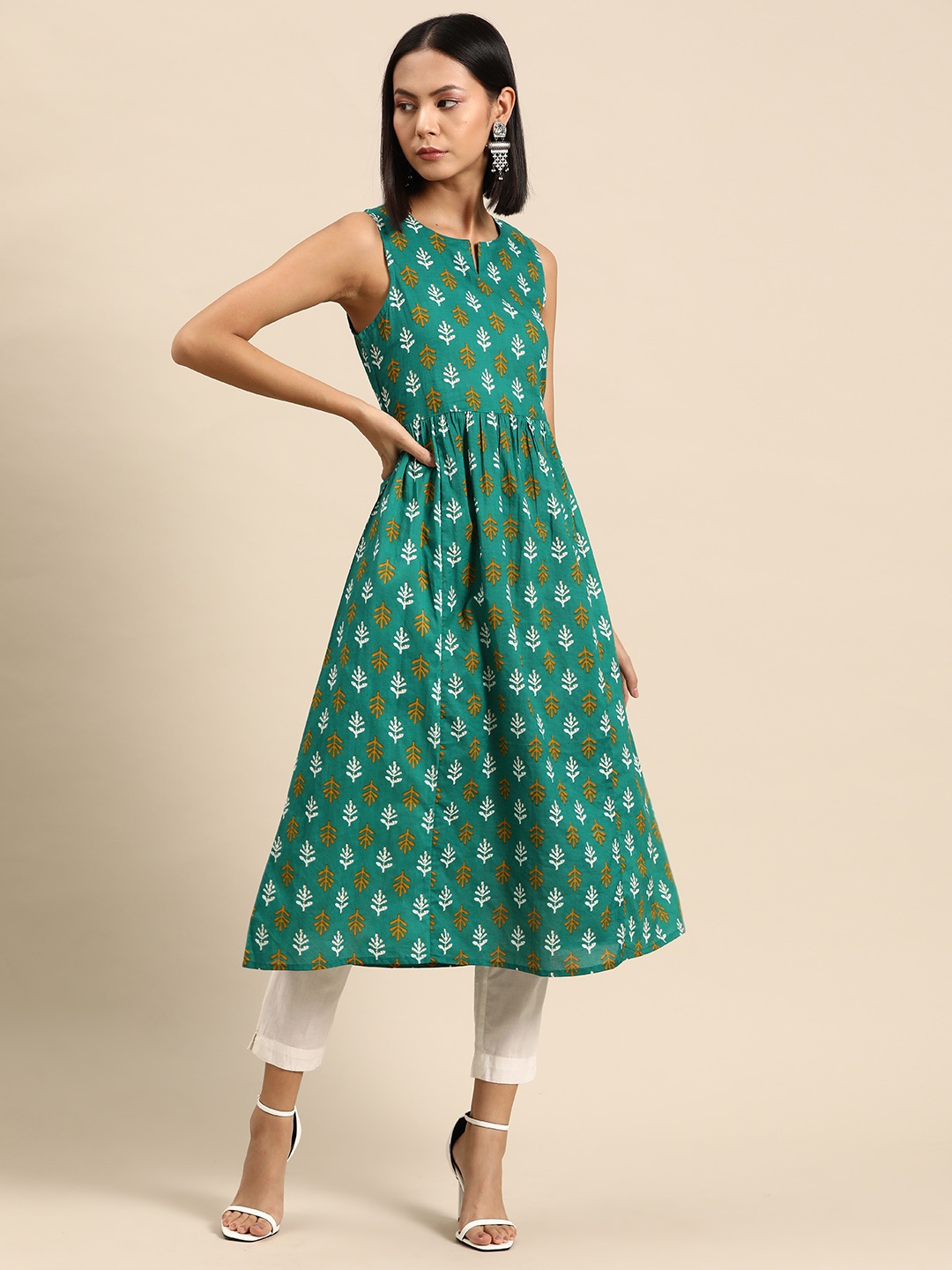 

all about you Ethnic Motifs Print Cotton A-Line Sleeveless Kurta, Green