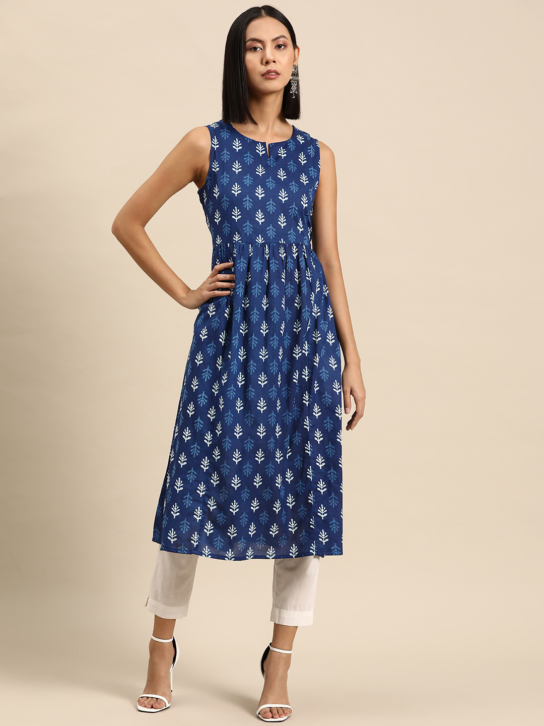 

all about you Ethnic Motifs Print Cotton A-Line Sleeveless Kurta, Navy blue