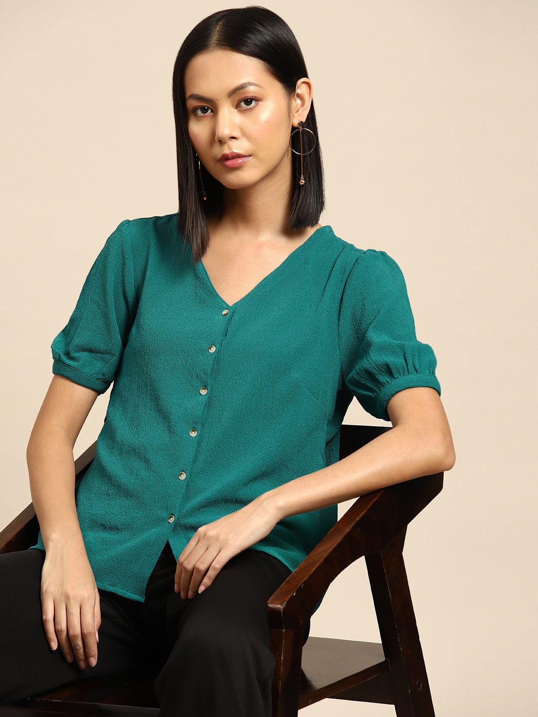 

all about you Textured Puff Sleeve Shirt Style Top, Teal