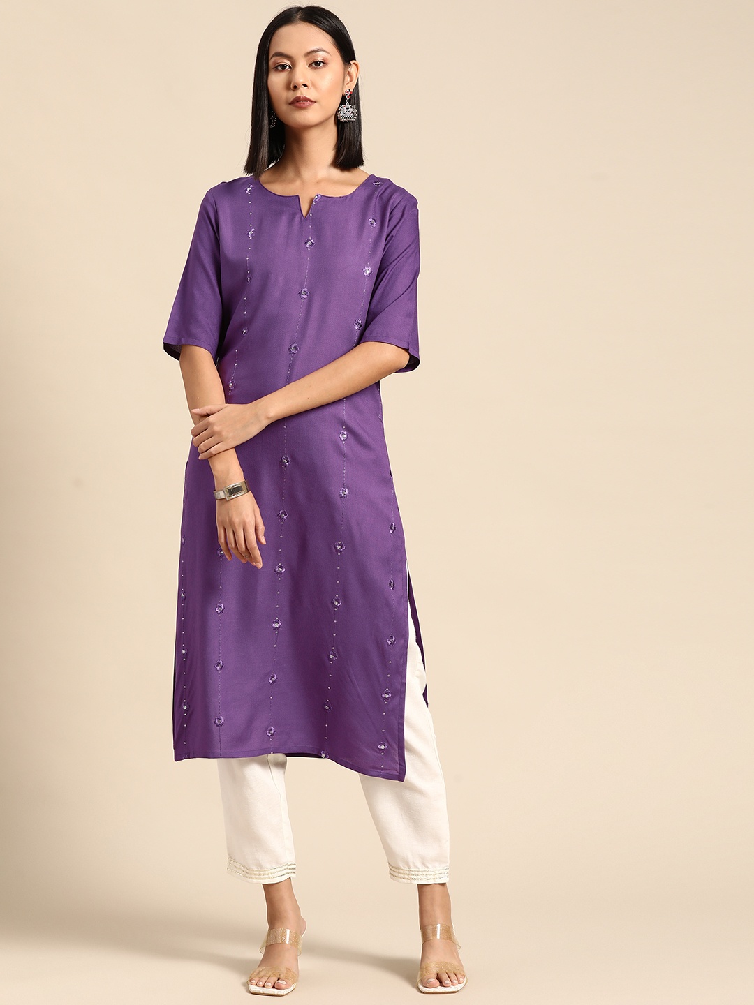

all about you Embroidered Sequin Detail Straight Kurta, Purple