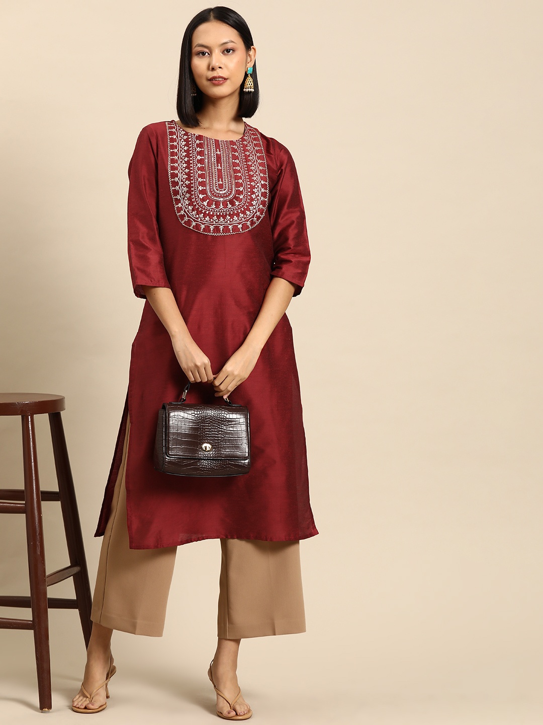 

all about you Ethnic Motifs Embroidered Sequined Kurta, Maroon