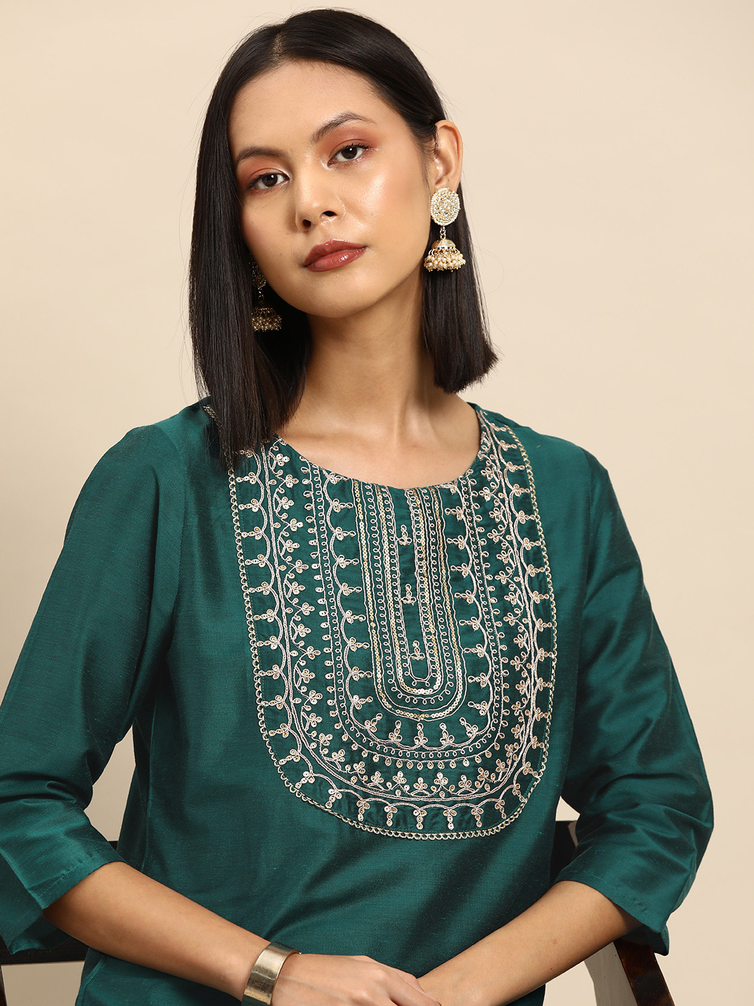 

all about you Women Ethnic Motifs Yoke Embroidered Kurta, Teal