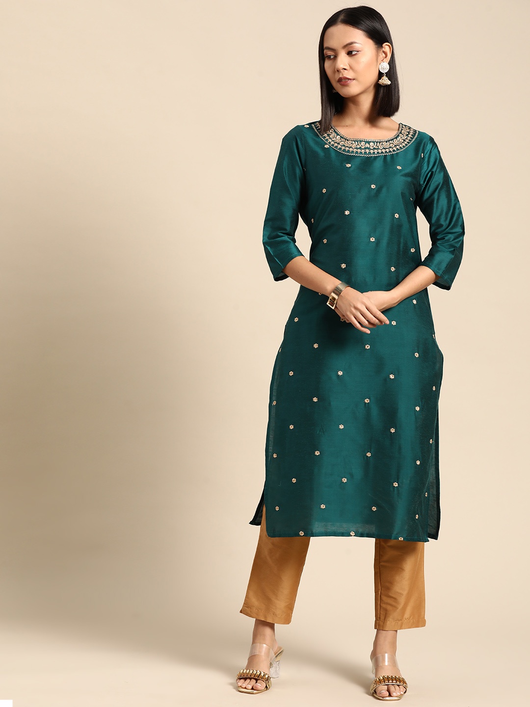 

all about you Thread Work Embroidered Straight Kurta, Teal