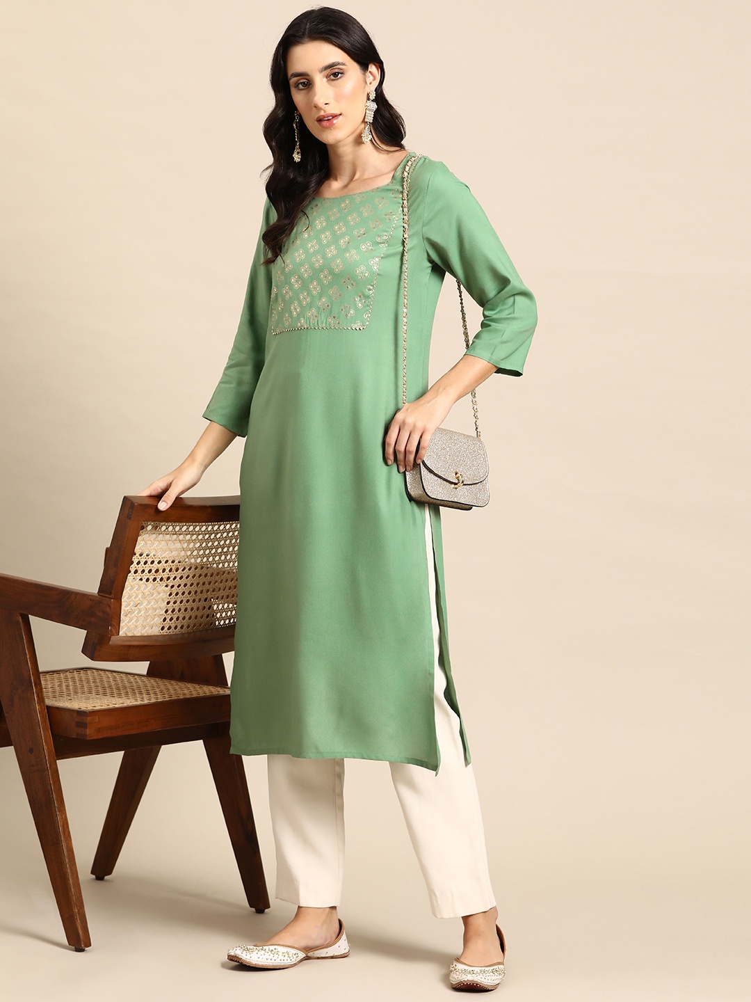 

all about you Women Ethnic Motifs Yoke Design Gotta Patti Kurta, Green