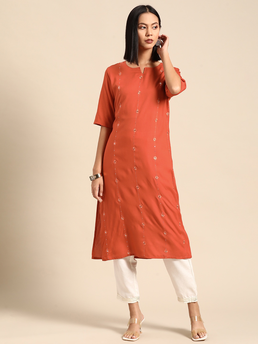 

all about you Embroidered Sequin Detail Straight Kurta, Orange