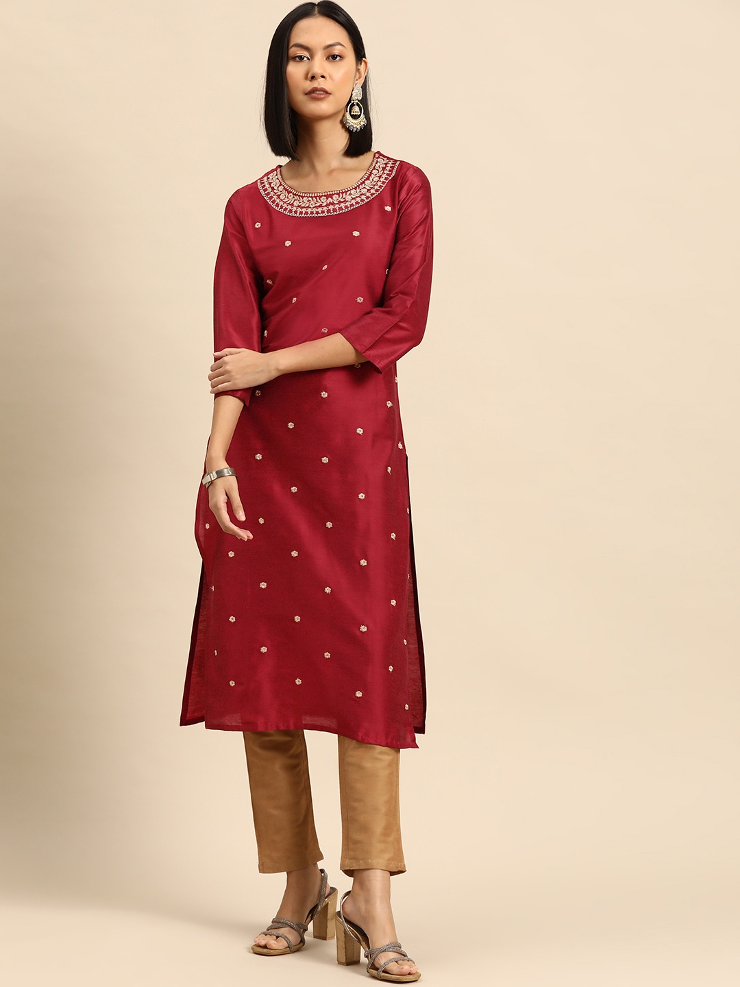 

all about you Embroidered Sequinned Kurta, Maroon