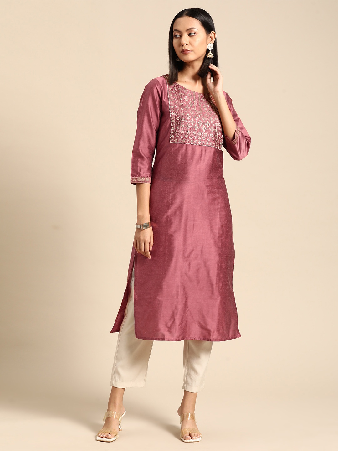 

all about you Pure Cotton Embroidered Detail Ethnic Printed Straight Kurta, Maroon
