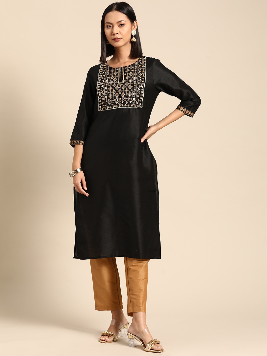 

all about you Thread Work Embroidered Straight Kurta, Black