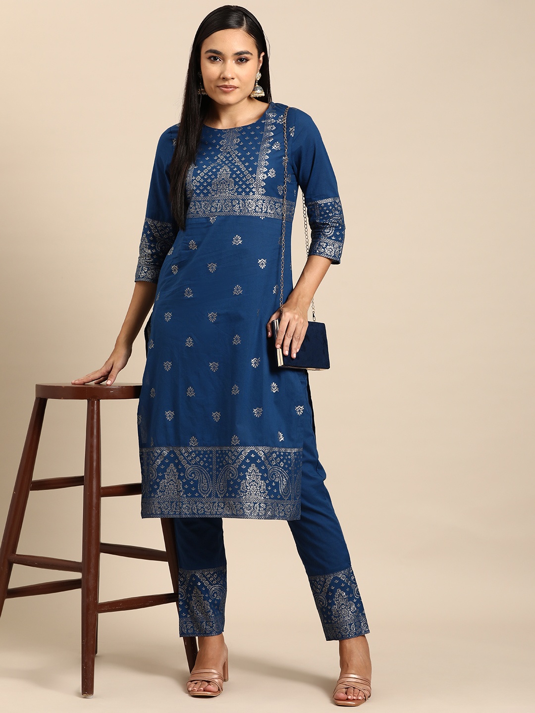 

all about you Ethnic Motifs Print Pure Cotton Kurta with Trousers, Blue
