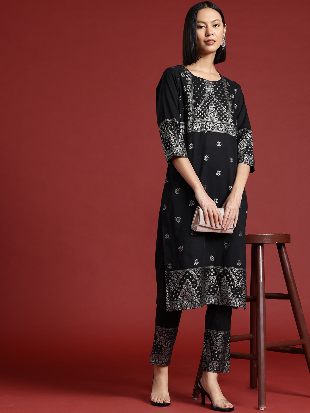 

all about you Ethnic Motifs Print Pure Cotton Kurta with Trousers, Black