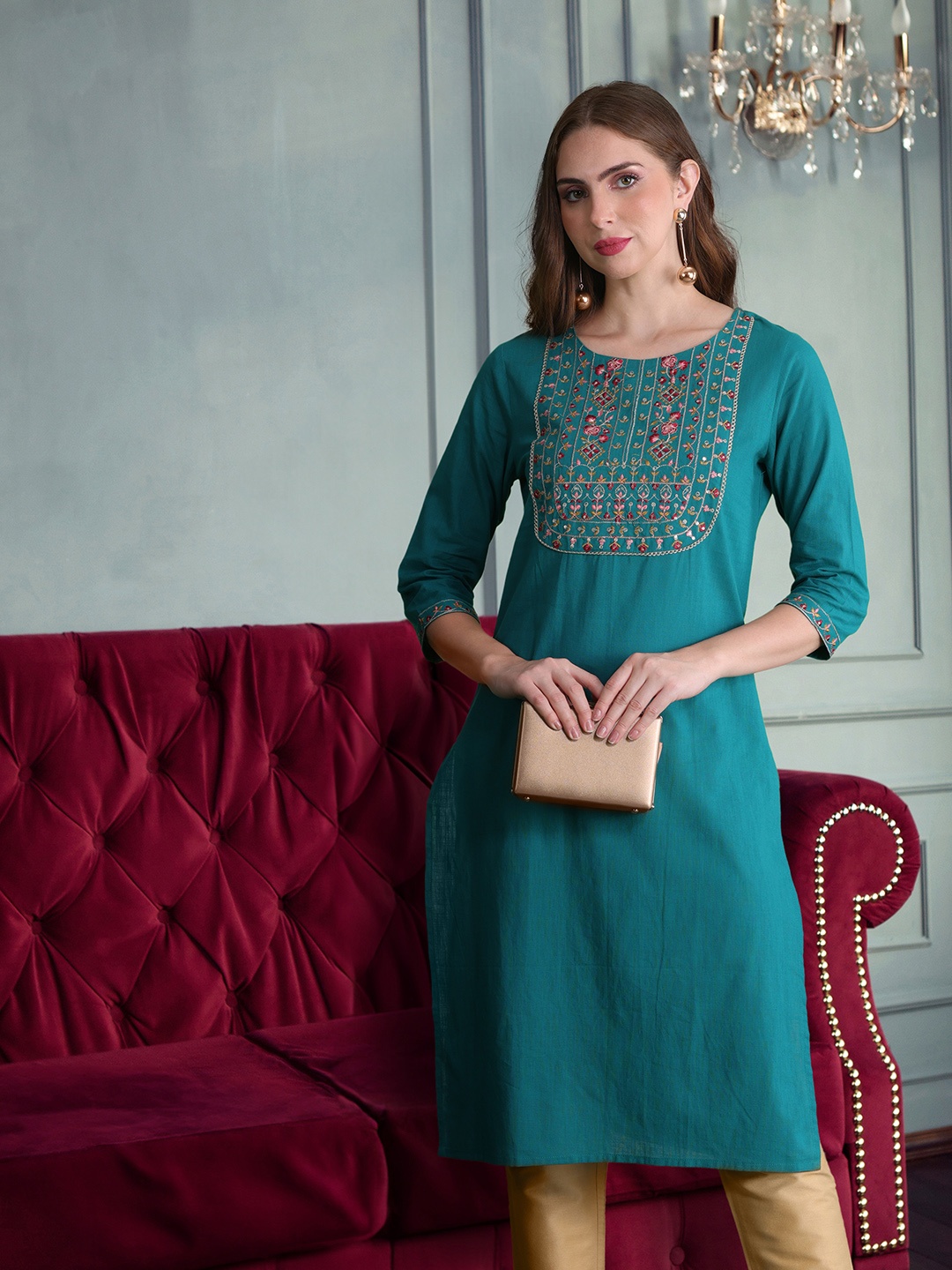 

all about you Floral Embroidered Sequined Cotton Kurta, Teal