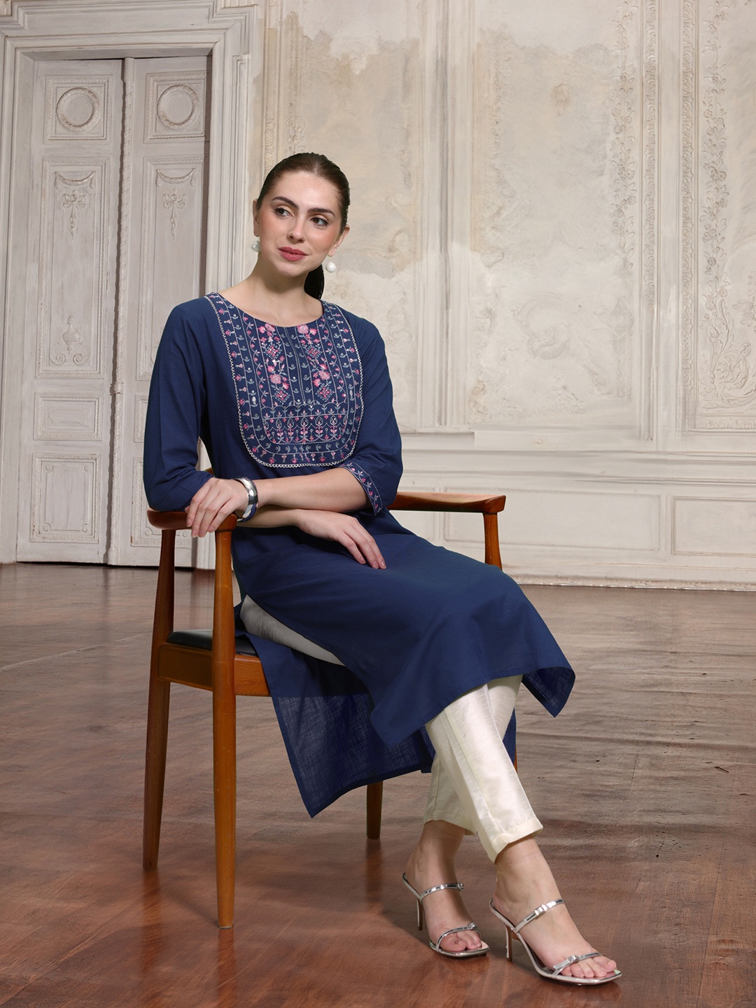 

all about you Floral Embroidered Sequinned Pure Cotton Kurta, Navy blue