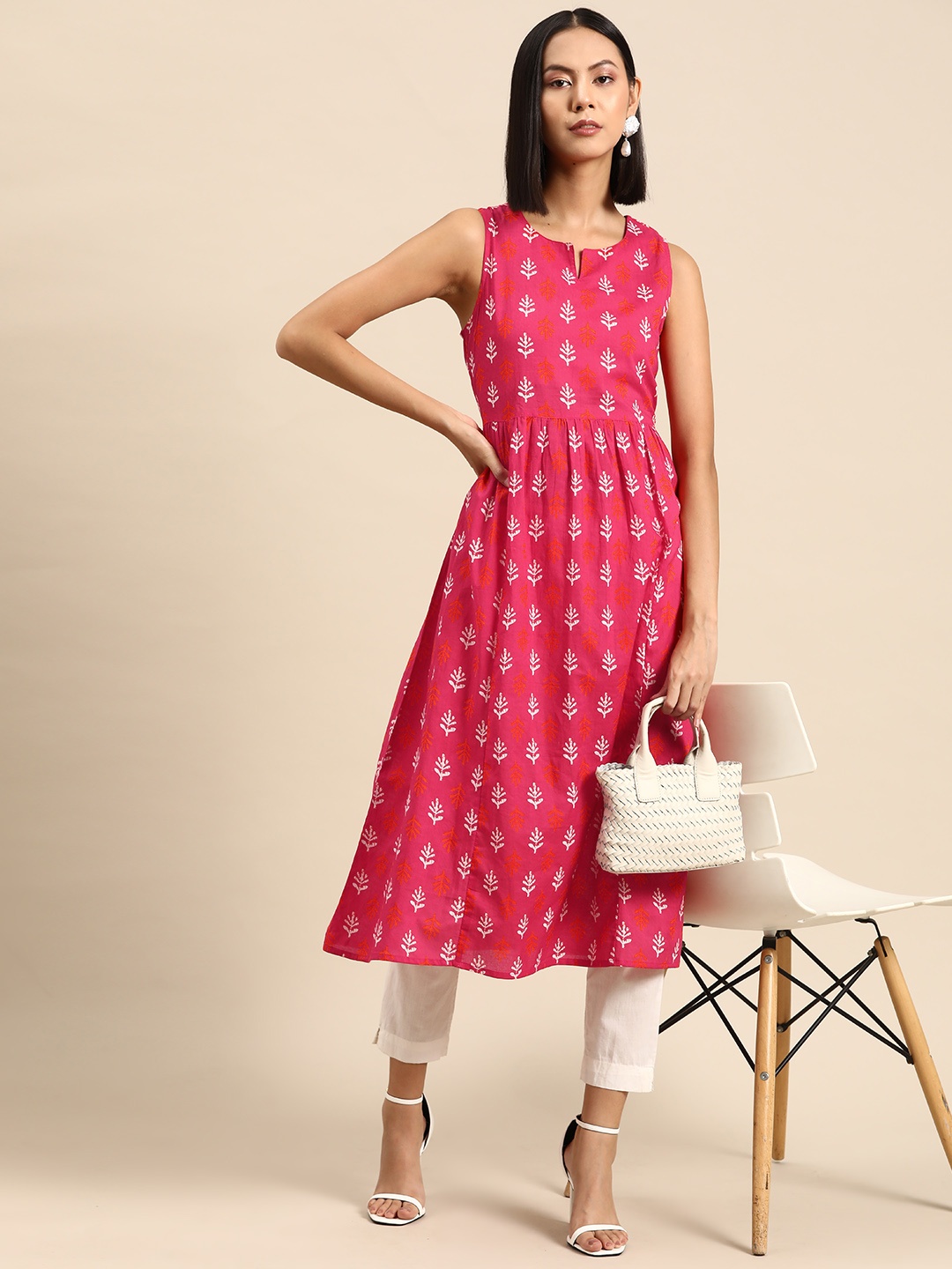

all about you Ethnic Motifs Print Cotton A-Line Sleeveless Kurta, Pink