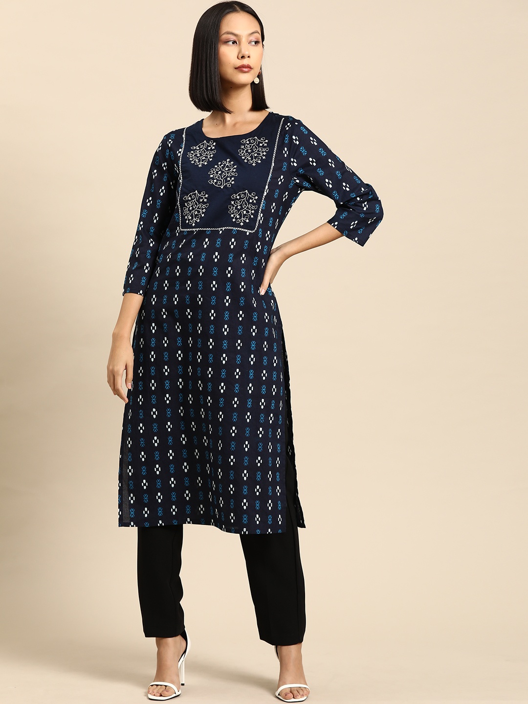 

all about you Ethnic Motifs Printed Thread Work Cotton Kurta, Navy blue