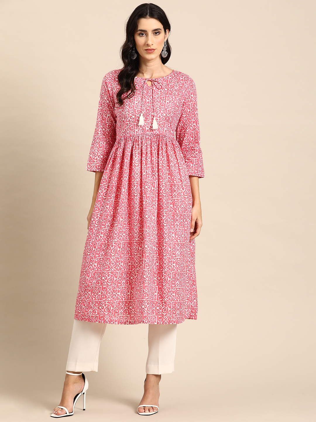 

all about you Women Pure Cotton Ethnic Print Gathered Waist A-Line Kurta, Pink