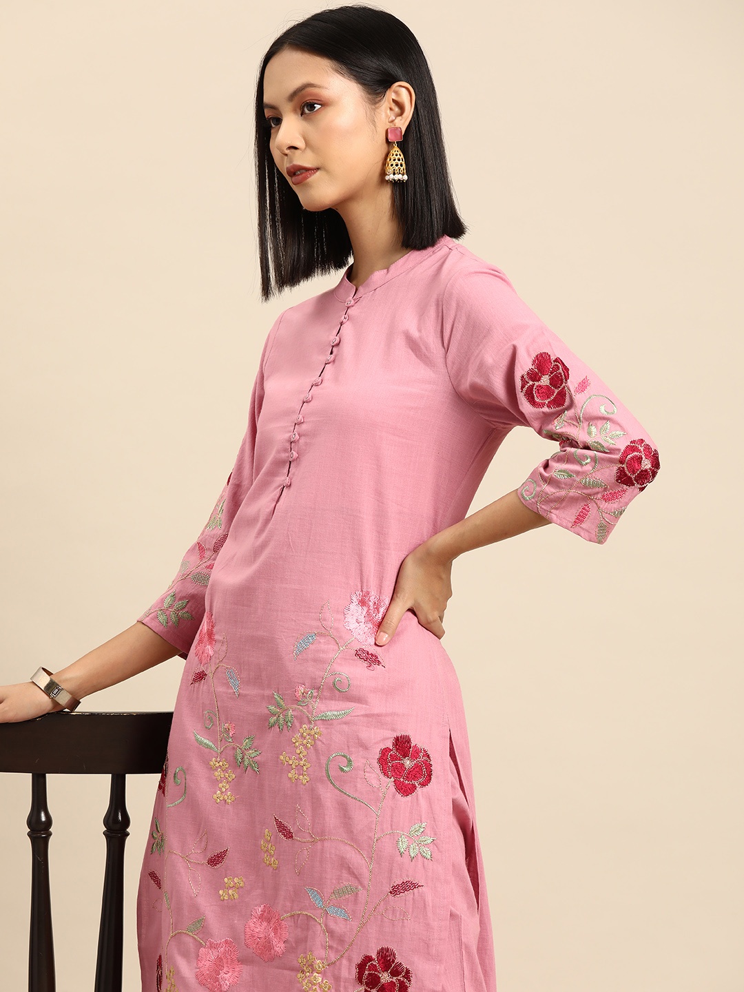 

all about you Floral Embroidered Pure Cotton Kurta with Trousers, Pink