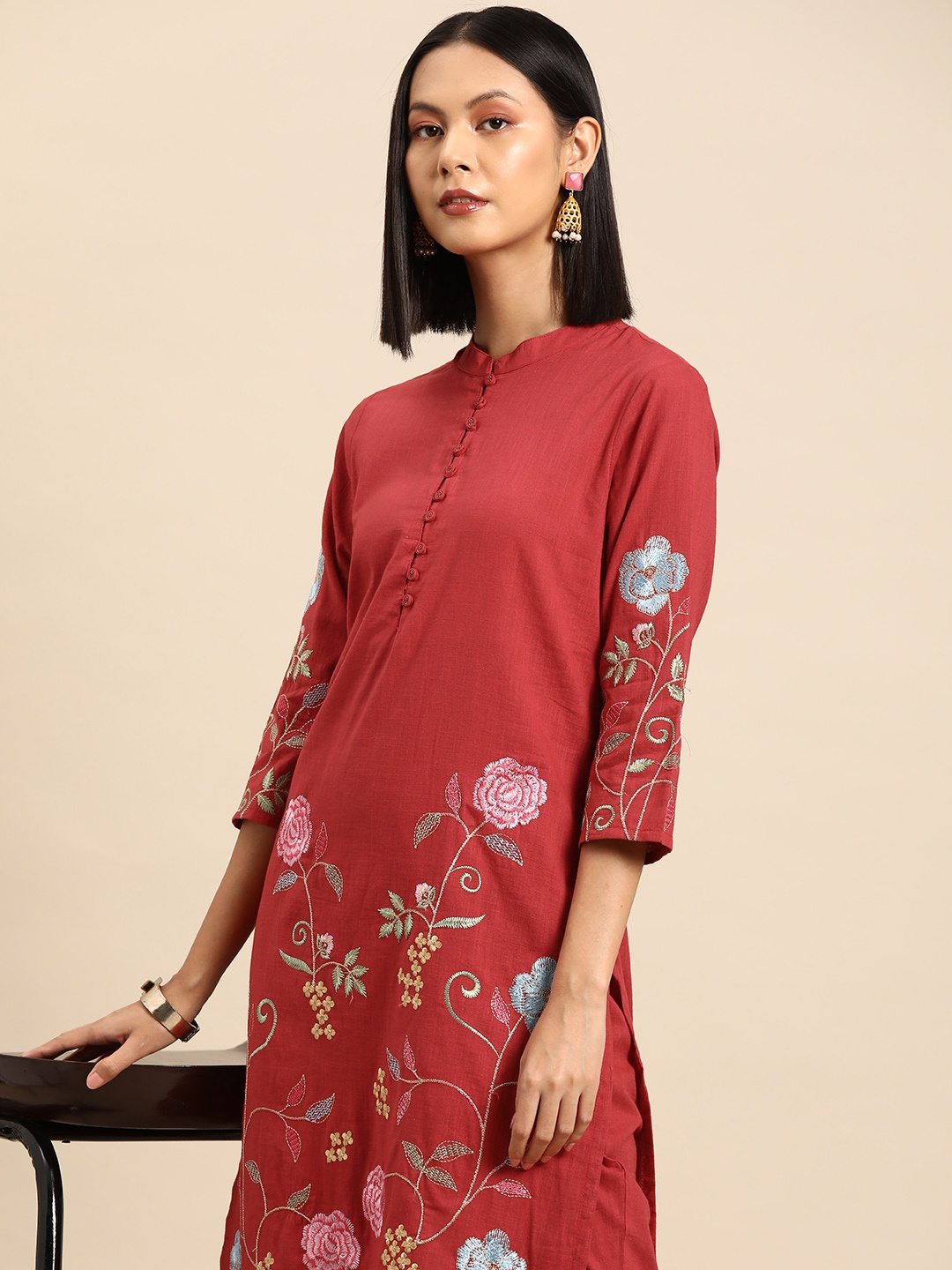 

all about you Floral Embroidered Pure Cotton Kurta with Trousers, Rust