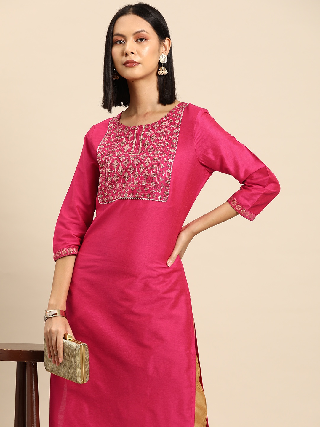 

all about you Women Ethnic Motifs Yoke Embroidered Kurta, Pink