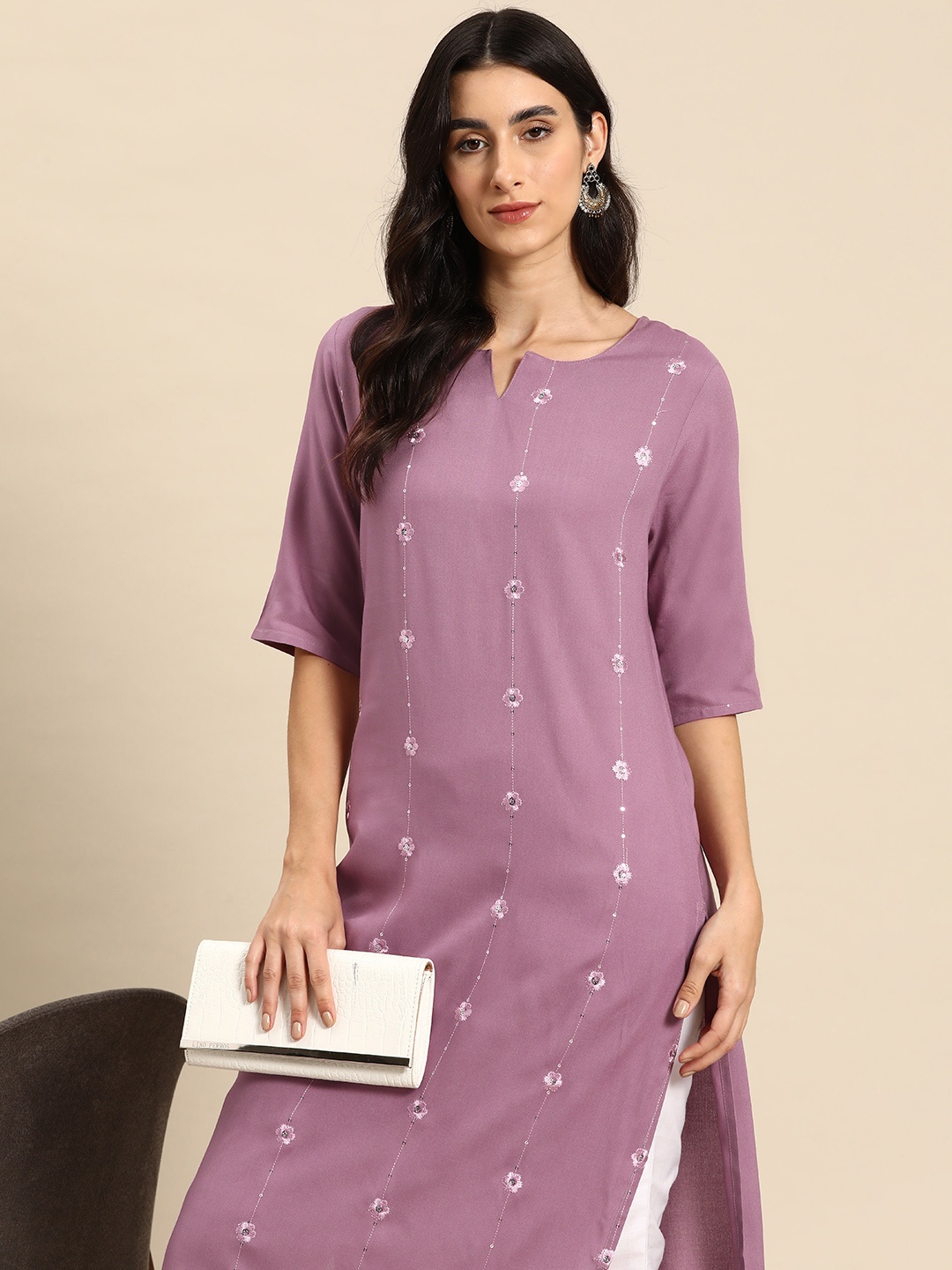 

all about you Women Embroidered Straight Kurta, Mauve